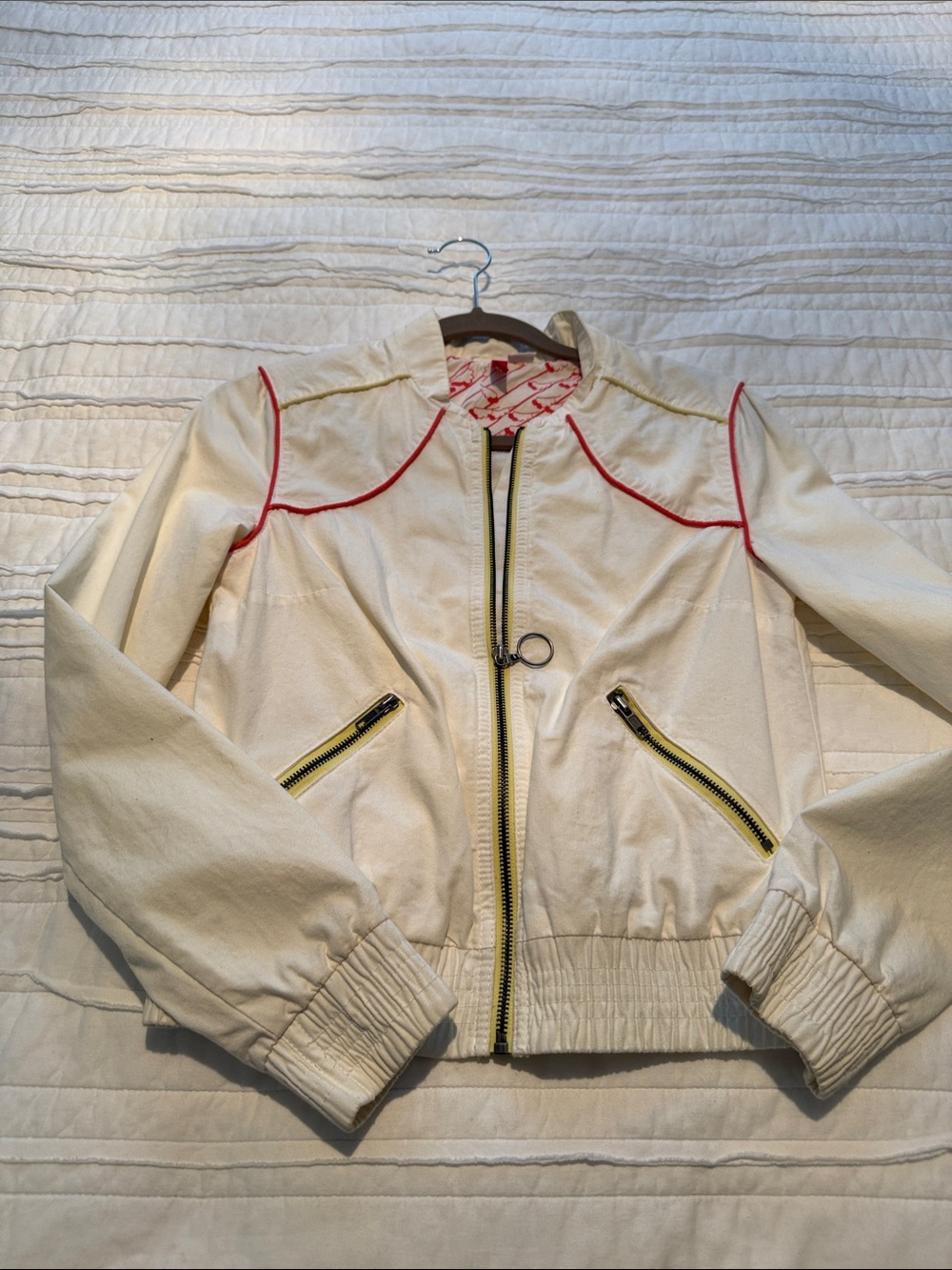 H&M Cream Bomber Jacket with Pink Piping and Yellow Zippers